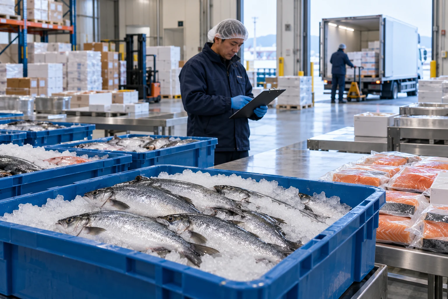 Illustration d’un centre de distribution de produits de la mer pour restaurants